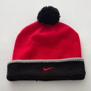 Nike Kids Red and Black Pom Beanie with Gray Trim